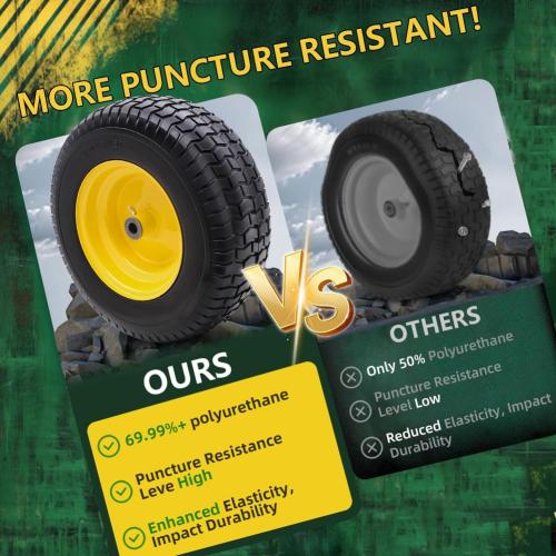 16x6.50-8 Tire and Wheel Assembly (2 Pack),Flat Free Lawn Mower Tires with Rim, Solid Rubber Riding Lawn Mower Tires and Wheels,3 Offset Hub,3/4 Bushings,16x6.5-8 Tractor Turf Tire(Yellow)