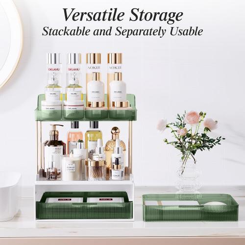 Bathroom Counter Organizer, 2-Tier 2-Drawer Makeup Organizer Countertop, Easy to Install, Ideal for Bathroom Storage, Vanity, Perfume, Large Skincare, Present, and More, DarkGreen