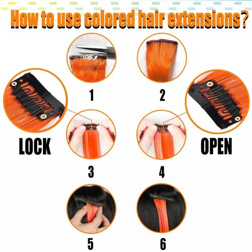 8 PCS Orange Hair Extensions Clip in, 22 Inch Colored Party Synthetic Neon Highlights Extensions, Rainbow Hair Accessories for Women Hair Pieces (Orange)