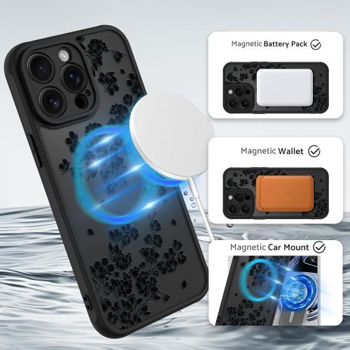 OOK Black Floral Flowers Phone Case Made for iPhone 13 Pro Max 6.7 Inch | Compatible with MagSafe, Magnetic, Translucent Phone Cover, Soft TPU   Hard PC, Anti-Scratch, Shockproof, for Women