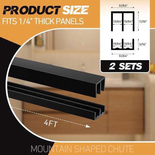 Landical 2 Sets Plastic Sliding Door Track Set for Cabinet Double Rails Panel Kit, 1/4 Thick Panels Glass Door Hardware System Window Track Quick Installation(4ft,Black)