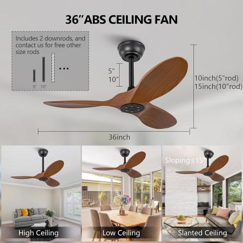 KBZZ 36 Modern Ceiling Fan - No Light, 6 Speeds, Reversible DC Motor, 3 ABS Blades, Black - Remote Controlled for Indoor/Outdoor