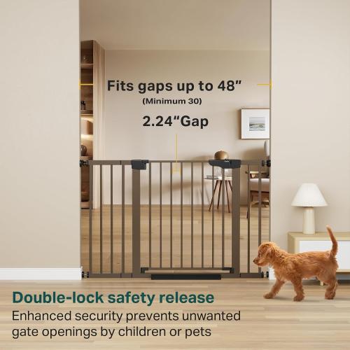 Cumbor 30-48 in Baby Gate for Stairs, Auto Close Dog Gate Indoor, Brown | Mom's Choice Awards Winner, Double Lock Safety for Doorways, One-Hand Open Child Gate for Toddlers & Pets, Pressure Mounted