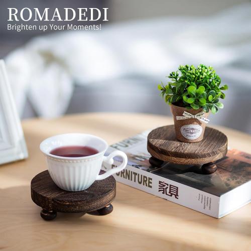 Romadedi Farmhouse Wood Riser for Display- 2 pcs Rustic Decor Mini Wooden Pedestal Decorative Round Tray for Home Table Bathroom Counter Shelf Kitchen, Brown