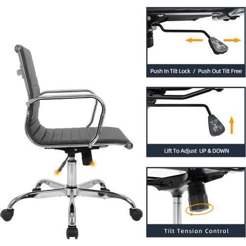 LANDSUN Home Office Chair Mid Back PU Leather Ribbed Swivel Tilt Adjustable Computer Desk Chair with Armrest Executive Conference Black