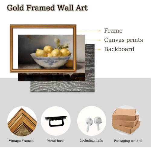 Gold Framed Wall Art Vintage Lemons Still Life Canvas Art Farmhouse Fruits Picture Wall Decor Antique Prints Rustic Kitchen Paintings Country Artwork for Bedroom Bathroom Living Room 8x10 Inch