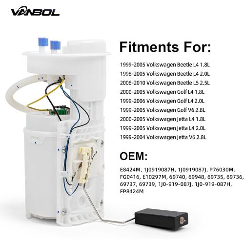 Electric Fuel Pump Module Assembly Compatible with 1998-2010 VW Volkswagen Beetle 1999-2006 VW Golf 1999-2005 VW Jetta 1.8L 2.0L 2.5L 2.8L 4.8 Outer Replace E8424M 1J0919087H 1J0919087J GAS