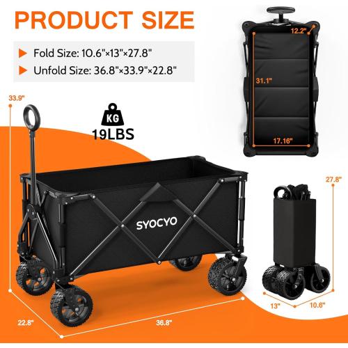 Wagon Carts Foldable 420LBS Weight Capacity Collapsible Wagon with Big All-Terrain Wheels, Heavy Duty Beach Wagons Cart with Cup Holders for Camping, Garden, Sports, Grocery pcs