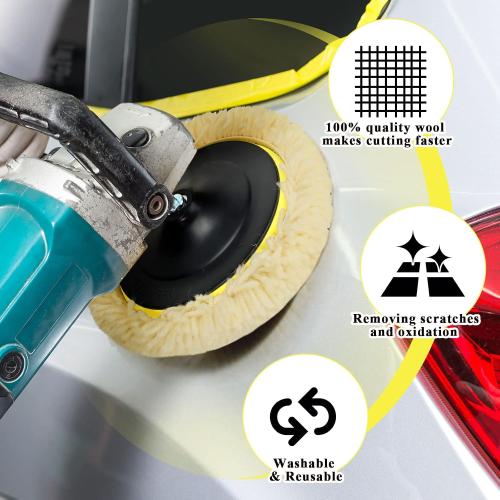 Tallew 4 Pcs 8 Inch Wool Buffing Polishing Pads Hook Loop Cutting Pads with Backing Plate for Car, Boat, Wood, Marble Surface Polishing & Scratch Removal (Original Color)