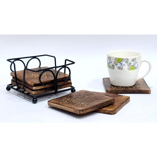 StonKraft Wooden Tea Coffee Coasters/Rustic Vintage Look Coasters Set with Wrought Iron Holder