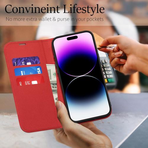 oakxco for iPhone 14 Pro Max Wallet Case with Credit Card Holder, Magnetic RFID Slim Folio Book Flip Leather Phone Case for Women Men Girl, Cute Soft Silicone Rubber Shockproof Cover, Red