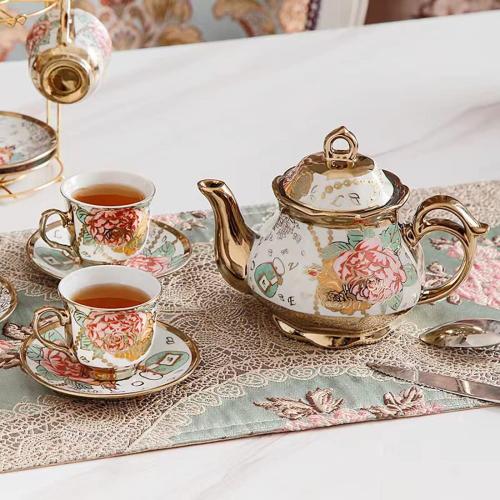 CHANJOON Gold Plated Red Rose Ceramic Tea Set, Vintage Teapot, Beautiful Tea Set Coffee Serving 6 People (Golden, large)