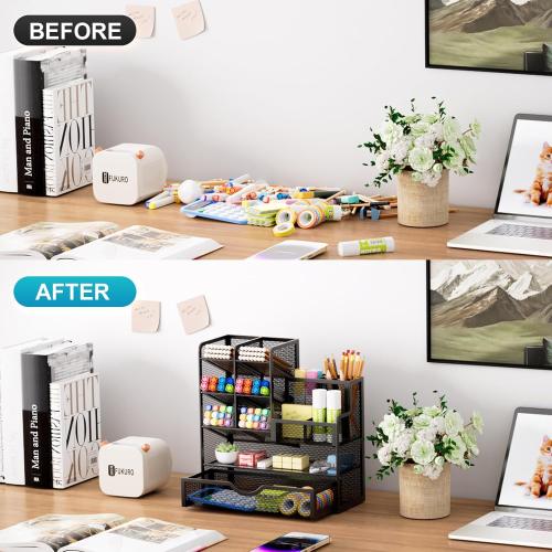 Marbrasse Mesh Pen Holder for Desk, Multi-Functional Pencil Organizer with Drawer, Desk Organizers and Accessories for Office Art Supplies (Black)