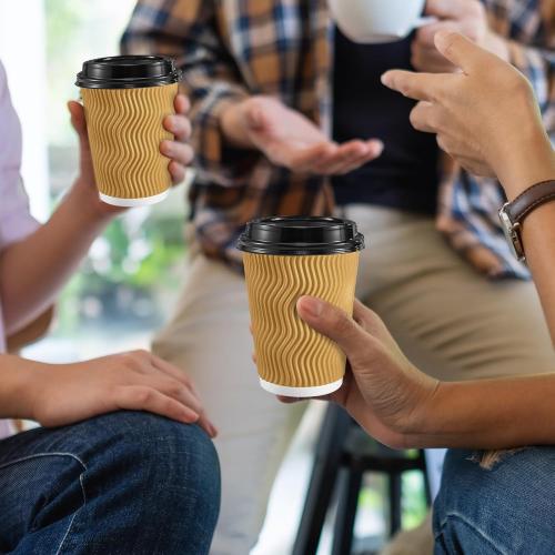 90 pack SIUQ 12 oz Coffee Cups-90 Pack Disposable Coffee Cups with Lids and Straws, Insulated Ripple Wall To Go Paper Coffee Cup for Coffee, Hot Chocolate and Hot Tea Drinks - Champagne