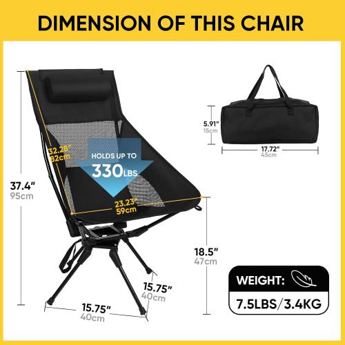 Swivel Portable Camping Chair, High Back Folding Chair with Detachable Pillow, Compact Lightweight Backpacking Chair for Outdoor, Travel, Beach, Hiking, Support 330 LBS, 1 Pack Black