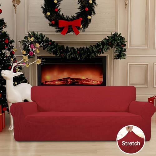 Easy-Going Stretch Oversized Sofa Slipcover 1-Piece Sofa Cover Furniture Protector Couch Soft with Elastic Bottom for Kids, Polyester Spandex Jacquard Fabric Small Checks Christmas Red