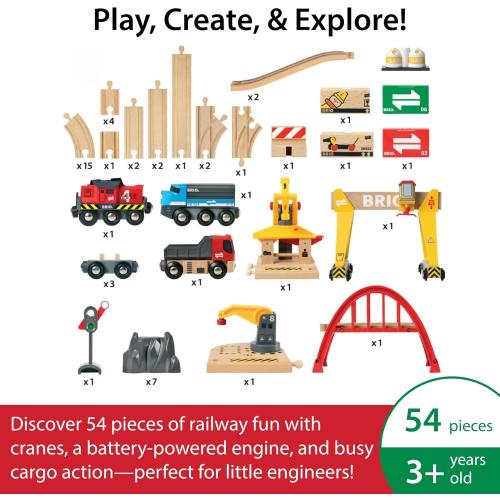 BRIO World Cargo Railway Deluxe - Wooden Track Train Set - Battery-Powered Engine, 3 Cranes, Bridge, Truck - Kids Ages 3  - Compatible with All BRIO Sets - FSC Certified Wood - 54-Pieces
