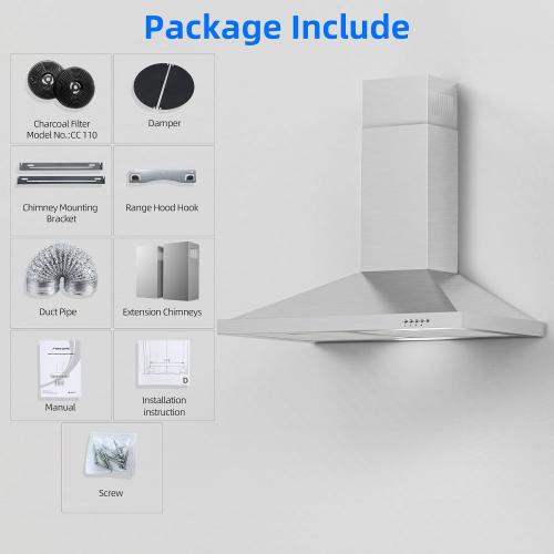 FIREGAS Range Hood 30 inch Wall Mount Type with Ducted/Ductless Convertible, 450 CFM Stainless Steel Chimney-Style Kitchen Hood, Over Stove Vent Hood with 3 Speed Fan, LED Light, Charcoal Filters