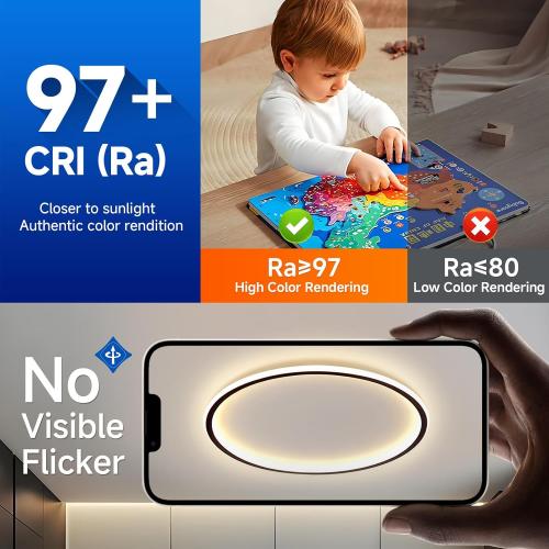 AOMEI 20-inch Round 3CCT Adjustable Ceiling Light - 50W 3000K/4000K/6000K Full Spectrum Flush Mount for Nursery & Wardrobe (Black)