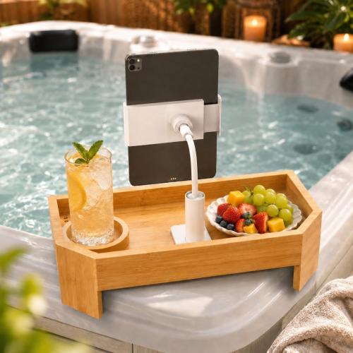 Bamboo Hot Tub Tray with 360°Adjustable Phone Holder, Hot Tub Drink Holder