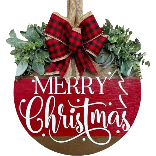 Merry Christmas Door Hanger Sign for Front, Chrismas Welcome Wooden Wreaths Sign with Bow for Winter Farmhouse Garden Porch Decorations (Christmas Door Sign)