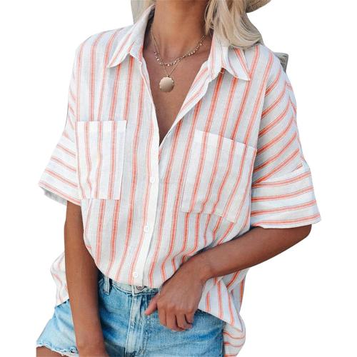 Size Small DGHM-JLMY Women's Striped Lapel Short-Sleeved Shirt Summer Blouses Casual V Neck Stripe Shirts Contrast Pocket Button Blouses