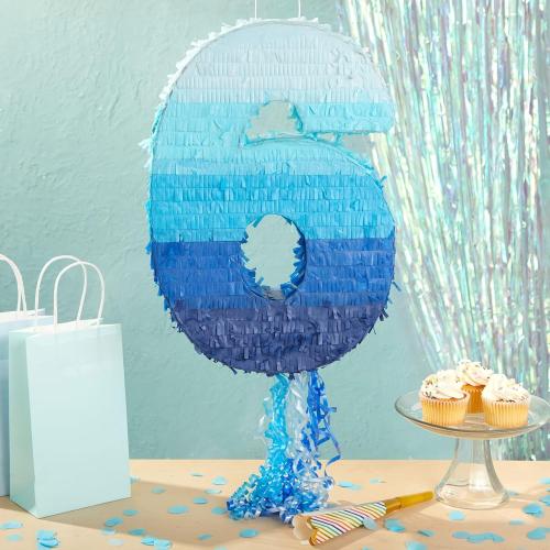 BLUE PANDA 6 Pinata Pull-String - Ombre Blue 16.5 x 11.3 x 3 In - Number 6 Pinata for Birthday Decorations & Party Decoration