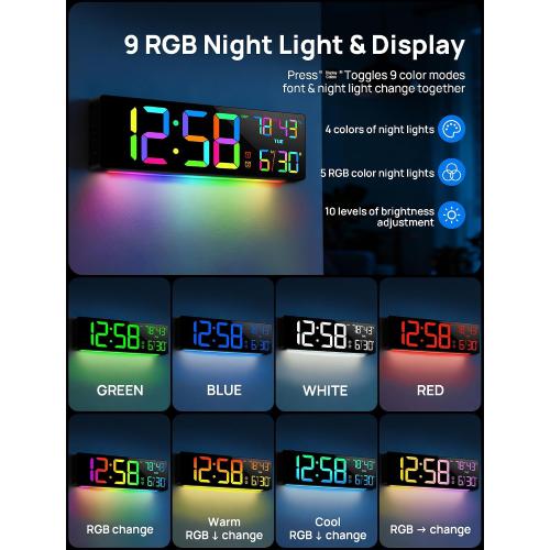 18.5 Large Digital Wall Clock, Big LED Digital Clocks, Remote, RGB Display