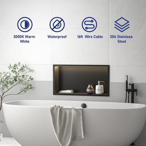 Led Shower Niche 24 X 12 Matte Black 304 Stainless Steel with Lighting Waterproof No Tile Need Shower Shelf for Bathroom Recessed Wall Shelf Horizontal Niche