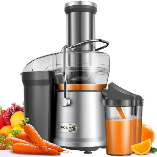 GDOR 1200W Juicer, 3.2 Wide Chute, Titanium-Enhanced Blade, Heavy-Duty Copper Motor, Dual Speed Centrifugal Juice Extractor, BPA-Free, Silver