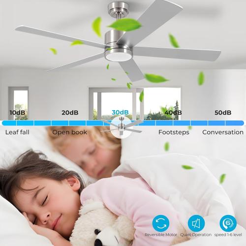Silver 52 Modern Ceiling Fan with Lights, Remote, 6-Speed DC Motor, Reversible Blades, Matte Finish, Indoor/Outdoor Use