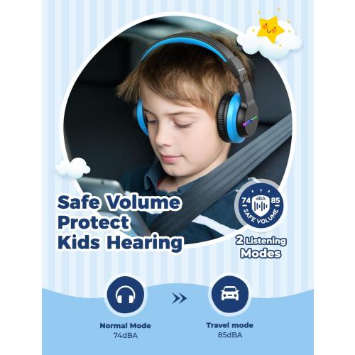 iClever BTH12 Kids Bluetooth Headphones,Colorful LED Lights,74/85dBA Safe Volume,85H Playtime,Bluetooth 5.2,Over Ear Wireless Headphone Built-in Mic for iPad/Tablet/Airplane, Deep Black