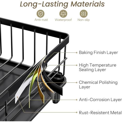 SNTD Dish Drying Rack - Small Dish Rack for Kitchen Counter, Stainless Steel Dish Drainer with Utensil Holder and Drainboard, 11 W x 15 L (Black)