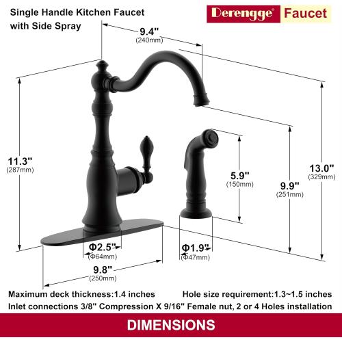 Matte Black Kitchen Faucet with Side Spray,8 Inch Single Handle Sink Kitchen Faucet with Deck Plate,2 Hole or 4 Hole Installation,Classic Style,KF-6832TB-MT