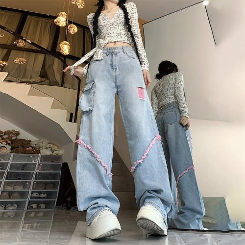 Grunge Y2K Goth Vintage Casual High Rise Loose Straight Wide Leg Pink Ripped Frayed Raw Trim Cargo Jean Pants large