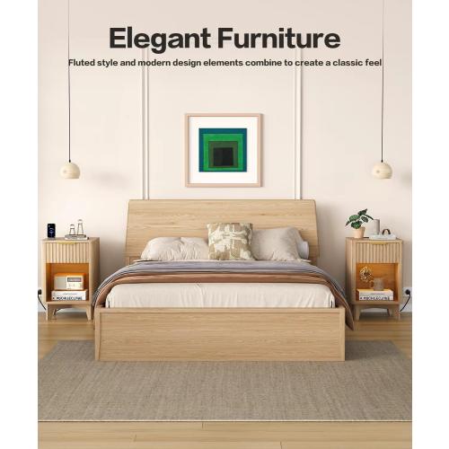 Fluted Nightstand Set of 2, Wooden Night Stand with Charging Station and LED Light, Modern Mid Century End Table with Drawer, Bedside Table for Bedroom, Natural Oak