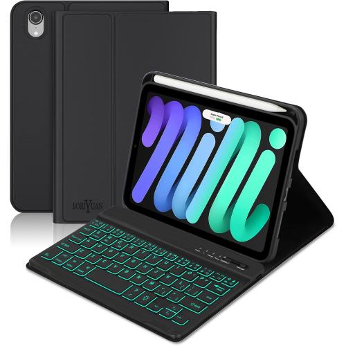 BORIYUAN iPad mini 7th Gen 2024 (A17 Pro) & iPad mini 6 Keyboard Case 2021, Detachable Wireless Keyboard, 7 Color Backlit, Slim Folio Cover with Pencil Holder for iPad mini 7th/6th Gen 8.3 inch Black