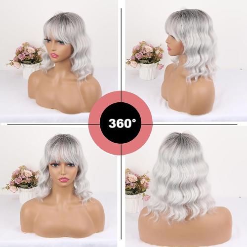 CINHOO Short Curly Wavy Grey Hair Toppers for Women with Thinning Hair,Short Wigs with Bangs Synthetic 360° 3D Hairpiece Clip in Bob Halloween Wig Gifts for Women(Ombre gray)