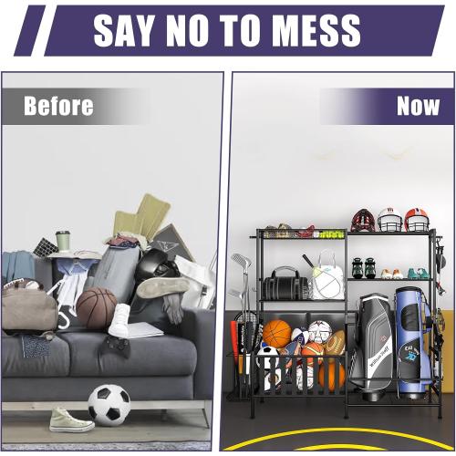 Sports Equipment Organizer, Heavy Duty Golf Bags Stand, Extra Large Ball Storage Rack for Garage, Sports Gear Storage with Basket and Hooks, Black