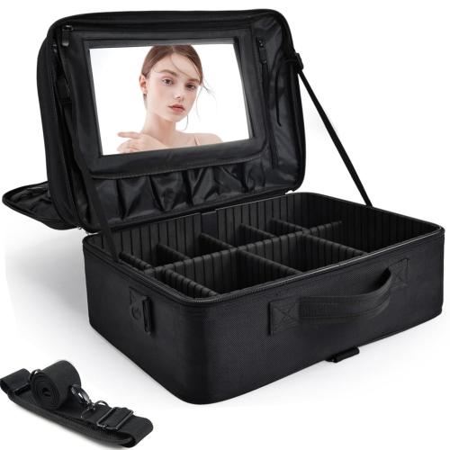 Large Makeup Bag, 17” Makeup Train Case Big Make up Nail Bag Organizer Case 3 Layers Artist Travel Organizer Box Tattoo Carrying Cases Vanity Bag with Mirror/Shoulder Strap/Attach to Suitcase