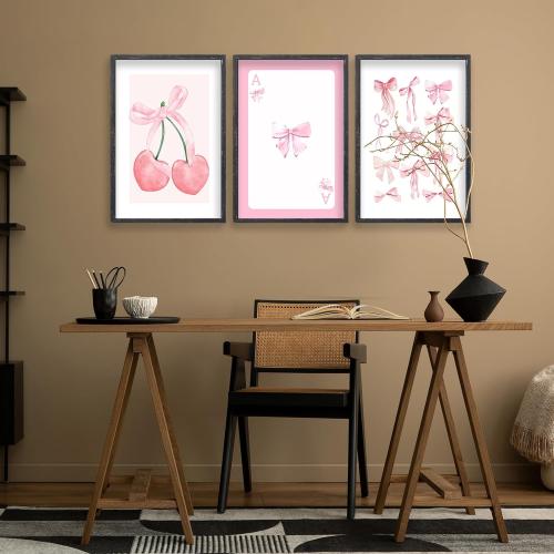 flowtorely Set Of 3 Trendy Pink Bows Poster Wall Art 24x16 Inch Girly Preppy Room Watercolor Aesthetic Wood Frame Sign For College Apartment Cherry Heart Poker Prints Girls Bedroom Hang Decor (Black) - frames with scratches