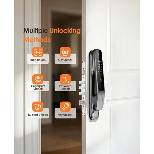 3D Face Recognition Smart Lock with Camera, Palm Vein Keyless Entry | 8-in-1 fingerprint front door lock with handle, video doorbell, 2-way talk, Tuya app, mortise lock, IP67 and loitering alarm.