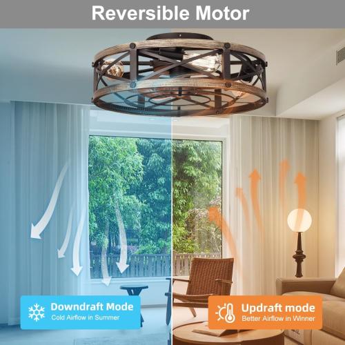 19 Farmhouse Flush Mount Caged Ceiling Fans with Lights, 6 Speeds, Rustic Low Profile Ceiling Fan with Light and Remote, Small Bladeless Ceiling Fans with Lights for Kitchen, Bedroom - ETL