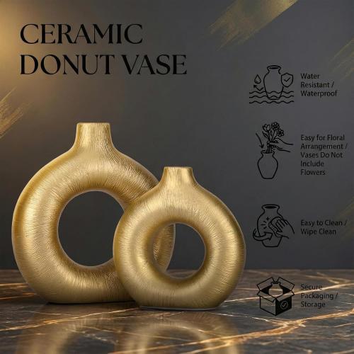Gold Vase Decor Donut Vase Set of 2 - Circle Hollow Vases, Modern Matte Ceramic Vases for Entryway Living Room Bedroom Dining Table Centerpiece Office Home Decor