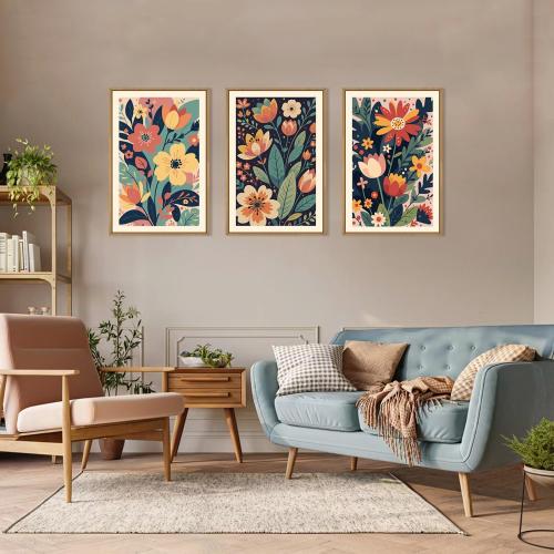 KAIRNE Vintage Colorful Floral Framed Canvas Wall Art Set,Mid Century Modern Flower Wall Decor,Retro Wildflower Art Prints,Boho Botanical Artwork for Living Room,Bedroom,Farmhouse,Office-16 x24 x3