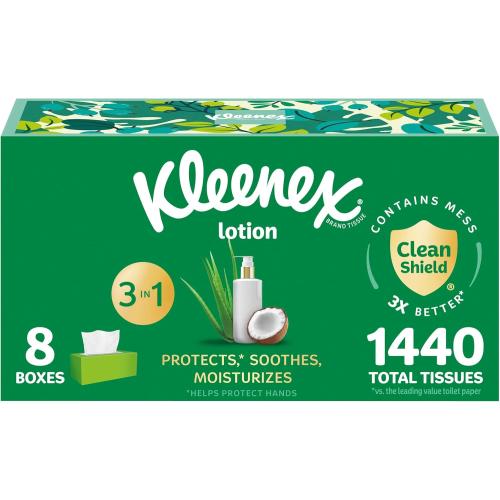 Kleenex Lotion Facial Tissues with Coconut Oil, 8 Flat Boxes, 180 Tissues Per Box, 3-Ply