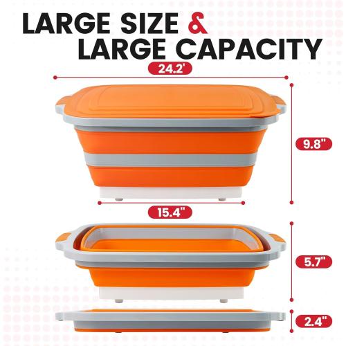 BBQ Prep Tub 3-IN-1 Large 30L Collapsible Cutting Board with Lid for Grill Meal Prep Marinating Food, Camping Sink with Colander, Dish Basin, Storage Blanket for Camping Picnic BBQ Grilling, Orange