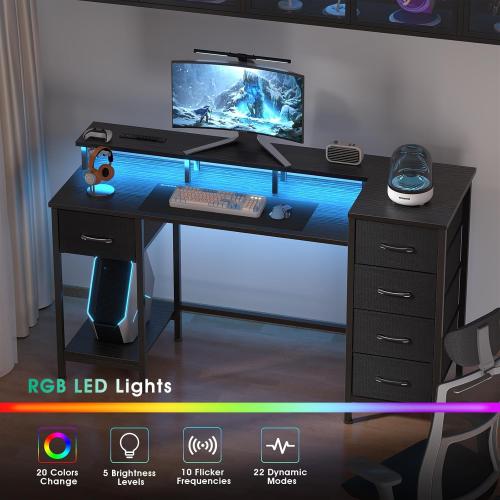 55 Inch Computer Gaming Desk with Power Outlets LED Lights Reversible Home Office with Adjustable Fabric Storage Drawers for Working Writing Study, Black