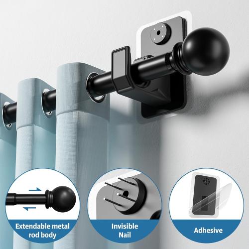 No Drill Curtain Rod for Windows 25 to 86 Inch - 2.0 Dual-Fix Adhesive & Invisible Nail, 5/8 Adjustable Black Curtain Rod No Drilling, Renter Friendly for Apartments & Dorms