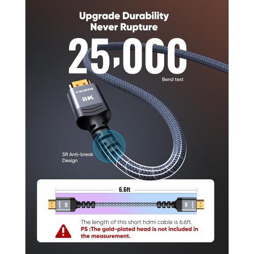 Highwings 8K 10K 4K HDMI Cable 48Gbps 6.6FT/2M, Certified Ultra High Speed HDMI Cable Braided Cord-4K@120Hz 8K@60Hz, DTS:X, HDCP 2.2 & 2.3, HDR 10 Compatible with Roku TV/PS5/HDTV/Blu-ray